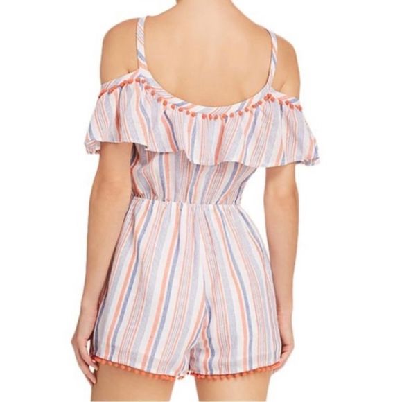 Moon River Ruffle Coral Stripe Cold Shoulder Pom Pom Vacation Romper Size Small - Picture 2 of 12